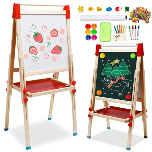 Kids Easel with Paper Roll Wooden Art Easel Double-Sided Whiteboard Blackboard Standing Height Adjustable Easel 27-45in(68-114cm) with Numbers and Other Accessories Foldable Drawing Board for Kids