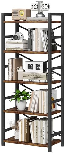 Organization and Storage, 5 Tier Bookshelf, Tall Bookcase with Shelves, Wood and Metal Book Shelf Storage Organizer, Industrial Display Standing Shelf Unit for Bedroom, Living Room, Rustic Brown