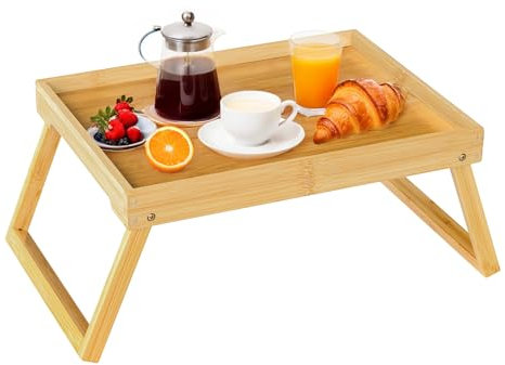 Betttablett Tisch mit klappbaren Beinen, Bambus Frühstück im Bett Essen, Servieren oder Verwendung als Serviertablett, Laptop-Schreibtisch, Snack-Tablett (Beige)