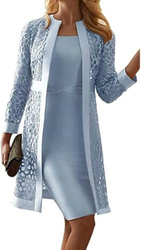 Elegante Traje de Dos Piezas para Mujer Conjunto de Trabajo Vestido Liso sin Mangas y Encaje Cárdigan Ahuecado Cárdigan Conjunto de Vestido de Fiesta Nupcial (Azul,XL)