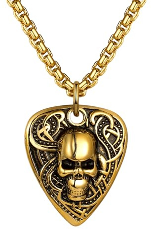 Flongo Collier médiator de guitare pour homme : pendentif tête de mort doré punk rock en acier inoxydable avec option de gravure - Chaîne de support de médiator de guitare personnalisée - Cadeau de
