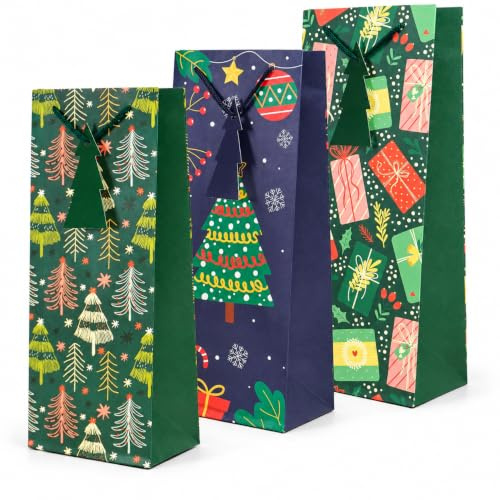 Kraft & Co Christmas Wine Bottle Gift Bags - 3 Pack, 200gsm - Joy | Kraft Paper with Rope Handles, Eco-Friendly & Recyclable, Fits Standard Wine Bottles