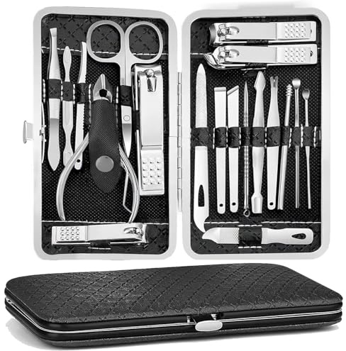 Manicure Pedicure Kit, Nail Clipper Tools Set Exra Thick Personal Care Women’s Grooming Kit Christmas Gifts for Men Husband Boyfriend Parent Nail Care Tools with Travel Case pack of 19