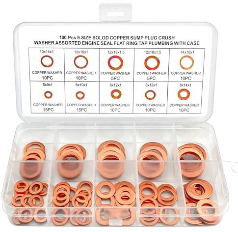 ADNEWX 100 Rondelle Cuivre Joint Vidange Assortiment Kit 9 Tailles Joint Cuivre M5 - M14 Rondelle Plate pour Voiture Moto L'étanchéité des Vis Bagues D'étanchéité