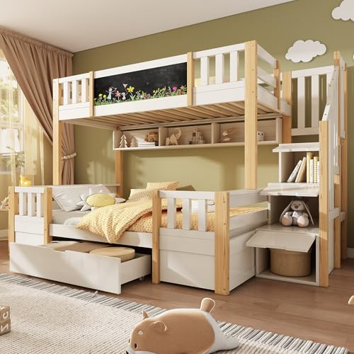 NNJN Letto a castello per 3 bambini, 90 x 200 e 140 x 200 cm, in legno massello con lavagnetta, scala di archiviazione, 2 cassetti e cabina scaletta, stabile letto a soppalco (bianco naturale)