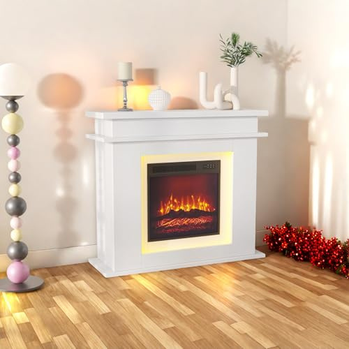 DADEA Camino Elettrico Decorativo, Caminetto Elettrico Bianco Shabby, 101 × 34.5 × 88.8 CM, Mobile CaminettoElettrico Bianco Effetto 3D Mobile Per CaminettoElettrico Decorativo Caminetti Elettrici