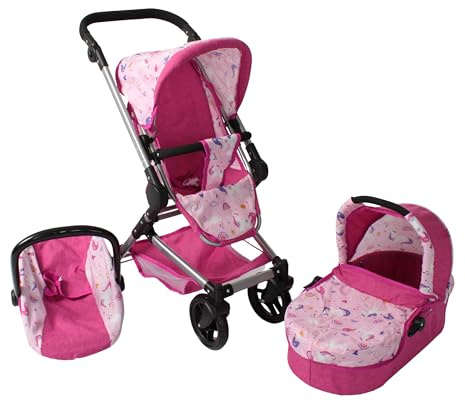 Bayer Chic 2000 Poussette de poupée Fides, Ensemble 3 en 1 composé d'une nacelle, d'un siège Sport et d'un siège Auto, Licorne, Rose