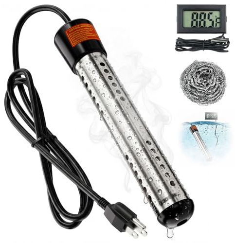 Immersion Water Heater Electric 2000W, Portable Submersible Water Heater with 304 S S Guard & LCD Thermometer, Fast Heating Heats 5 Gallons in Minutes for Bucket, Bathtub, Small Pool, Camping & RV