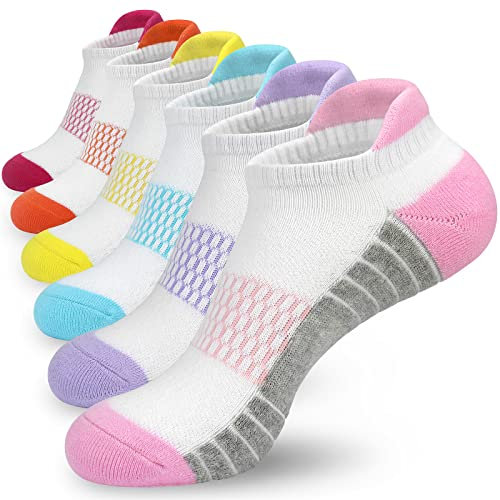 srclo Womens 6 Pairs Cushioned Trainer Socks,Ladies Breathable Wicking Sports Running Nonslip Ankle Athletic Socks (UK, Numeric, 4, 7, Regular, Regular, Pink Blue Yellow Purple Red)