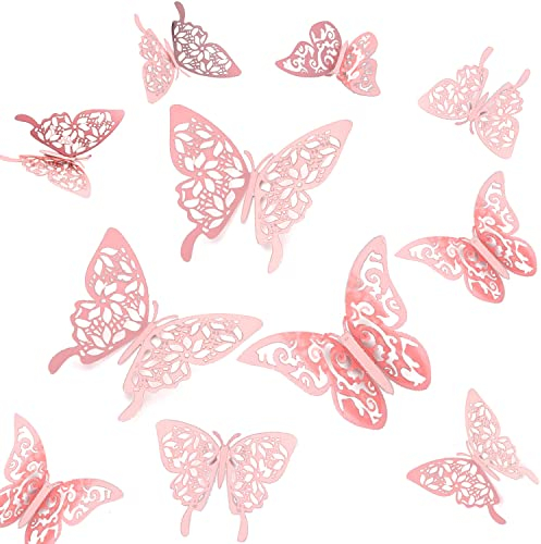 Tianorcan 3D Butterfly Wall Stickers 24 PCS 2 Styles 3 Sizes DIY Butterfly Decorations Removable Wall Stickers for Home Room Decor (Rose Gold)