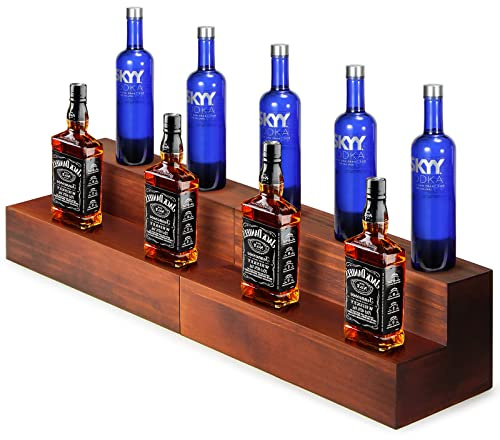B4Life Paquete de 2 estantes de exhibición de botellas de licor de 16 pulgadas, estantes de barra de madera de 2 niveles, estante de licor para bar en casa