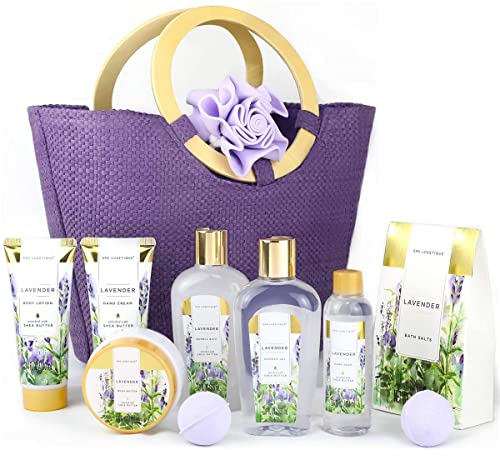 SPA LUXETIQUE Damen Bade Geschenkset - 10tlg. Lavender Duft Geburtstaggeschenk Wellness set für Frauen Handcreme, Duschgel, Schaumbad, Bodylotion, Badesalz, Badeschwamm, Muttertagsgeschenk