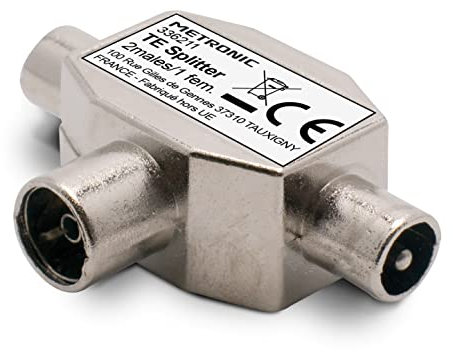 Metronic 336211 - Distribuidor de TV, divisor coaxial en T, DVB-T2, divisor antena TV, blindado, metálico 2 entradas macho - 1 salida hembra