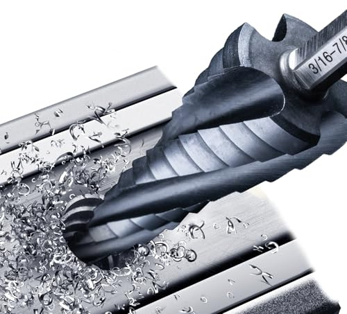 GRENPRO Step Drill Bit for Metal, 3/16 - 7/8 Four Spiral Flute Cobalt 12 Step Drill Bits, 1/4 Hex Shank Step Bit for Stainless Steel, Plastic, Copper, Aluminum, Wood, PVC, Hardened Steel