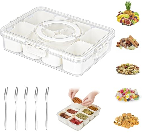 SUPRBIRD Snackbox mit Fächern, Snackbox Organizer, Snackschale mit Deckel und Griff, Snackteller mit 5 Edelstahlgabeln, Snackschale für Gewürzlagerbehälter Süßigkeiten Veggie Keks Nüsse Desserts