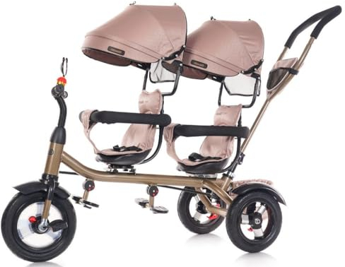Chipolino Zwillingsdreirad 2Play Zwei Kinder bis 50 kg Gummireifen Lenkstange, Farbe:beige/braun