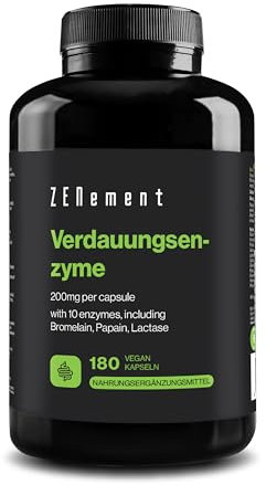 Enzymes Digestives - 10 Enzymes y compris Bromélaïne et Papaïne, Haute Concentration - 200mg par Gélule - 180 Gélules Véganes - Adapté à Tous Types de Régime - Sans Additifs, Sans Gluten