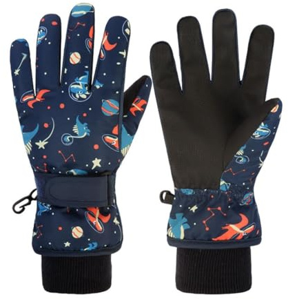 Waterproof Kids Gloves Winter Cold Weather Fleece Lined Thermal Warm PU Palm Snow Ski Cycling Glove for Age1-13 Boys Girls Kid Boy Toddler Girl Children Skiing Snowboarding (Dinosaur - Blue,, M)
