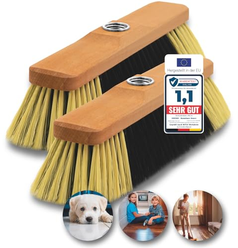 2 x Besenkopf aus Buchenholz - inkl. Metall-Schraubgewinde - robuster Zimmerbesen für innen - Stubenbesen aus Holz - ca. 30 cm breit - universell passend