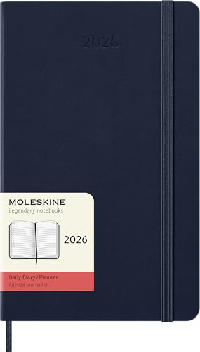 Moleskine Agenda Diaria, Agenda Diaria 2026 12 Meses, Con Tapa Dura y Cierre Elástico, Formato Grande 13x21 cm, Color Azul