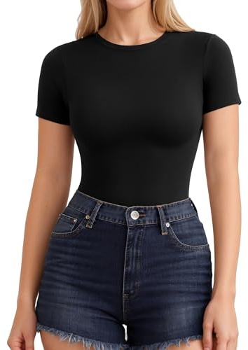 ALGALAROUND Women Short Sleeve Crew Neck Fitted Summer UK Tops Black XS