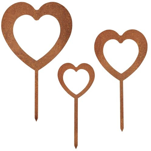 EXTRAVAGANT® Set di 3 tappi a forma di cuore, grandi decorazioni da giardino, in metallo, in acciaio, ruggine, resistente agli agenti atmosferici, per giardino, casa, amore, regalo per la festa della