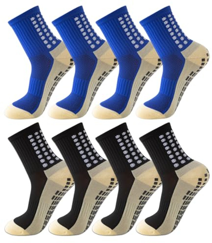HYRKOTW 4 Paires Chaussette antidérapante foot, chaussettes antidérapantes homme, chaussettes antidérapantes foot, chaussette antidérapante, chaussette antidérapante foot (Noir + Bleu)