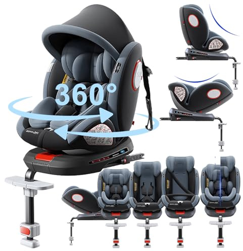 Reenborn 360° Giratorio Silla Coche, Altura e Inclinación Ajustables Silla Coche Bebe, Anticolisión Sillita Bebe Coches, Fácil de Limpiar Sillita Bebes Coches (Grey with Foot Rest Frame)