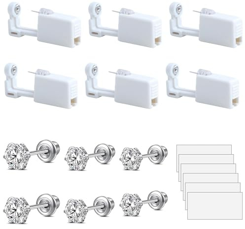 6pcs Ear Piercing Gun Kit, Painless Self Disposable Ear Piercing Kit with Silver Diamond Ear Studs, Aseptic At Home Earpiercing Kit Tools, Self Peircing Guns - Earrings for Women Men Girls Boys