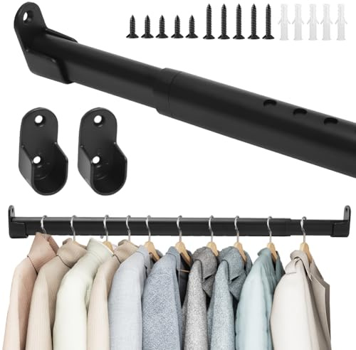 LOMUG Perchero para armario, barra extensible, ovalada, telescópica, con 2 soportes, para armario, pared, ventana, interior, negro, 42-70 cm