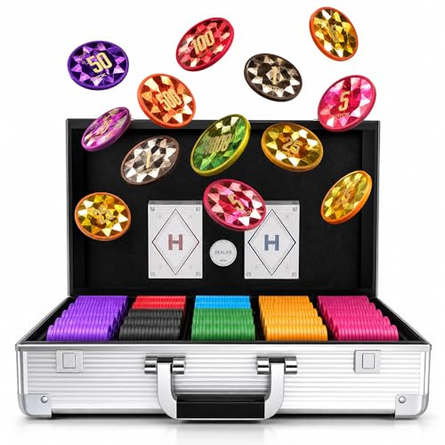 HEITOK Set Poker 1000 Fiches 11,5g Numerati - Valigetta Poker Professionale in Alluminio, Fiches ABS con Inserto in Metallo, Dealer Button in Metallo e 2 Mazzi di Carte per Texas Holdem Blackjack
