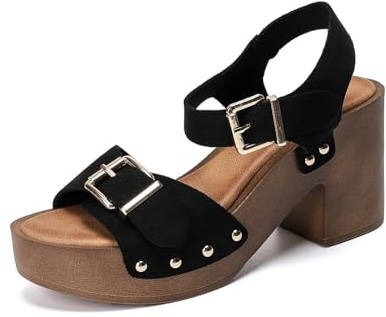 Kvinnors mocka plattform bastant häl retro sandaler med justerbart spänne mode ett bälte plattform blockklackar öppen tå bröllopsklänning dubbade sandaler mjuka promenadsandaler för kvinnor