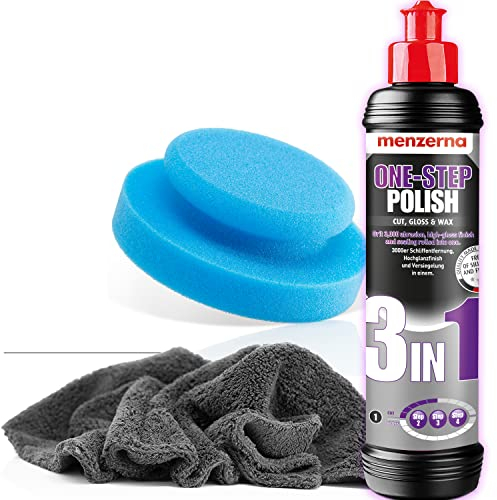 detailmate Set lucidante per Auto con Menzerna Medium Cut One-Step-Polish 3in1 250ml + Spugna per lucidatura Realizzata in Germania Ø130mm + Panno in Microfibra Ultra soffice + 1 Guanto Protettivo