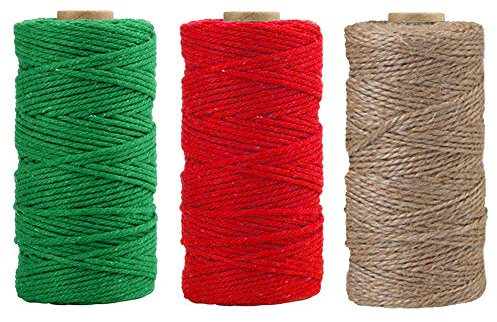 Spago di iuta,3 rotoli di corda di juta colorata naturale di Natale per opere d'arte Articoli artigianali fai-da-te Spago da regalo,Corda Spago da giardino per decorazioni,109,4yd per ogni colore