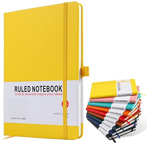 A5 Notebook, Journal Note Pad 200 Pages 80 GSM Journal Notebook Composition Notebooks Hardback Notepad with Lined Pages, Pen Loop and Expandable Paper Pocket, Journal Notepad Note Book-Yellow
