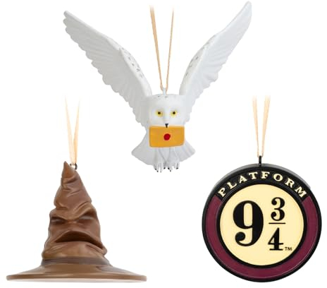 Grupo Erik Christbaumschmuck Figuren Set Der Sprechende Hut, Gleis 9 3/4 und Hedwig 3 Weihnachtsanhänger Weihnachtsbaum Schmuck Tannenbaumschmuck Figuren - Offizielles Harry Potter Merchandise