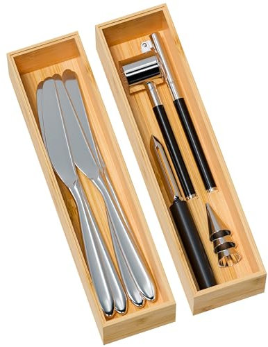 Greatseas Kitchen Drawer Organizer Bins, Stackable Bamboo Deep Drawer Organizer for Silverware, Utensils, Cutlery, Flatware, Junk Drawer, Dresser, Bathroom, 12 x 3 x 2.5 (Set of 2)