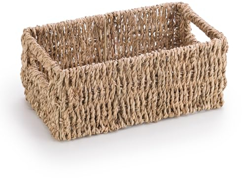 Woodluv Storage Baskets for Shelves, Woven Seagrass Hamper Gift Basket Bathroom, Bedroom, Storage Organiser Toys Shelf Basket, Small