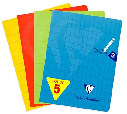 Clairefontaine 303794AMZC Un lot de 5 Cahiers d'Écriture Agrafés Mimesys - 17x22 cm - 32 Pages Double Ligne 3 mm Interligne Verticale 90 g - Couverture Polypro- Couleurs Assorties Aléatoires