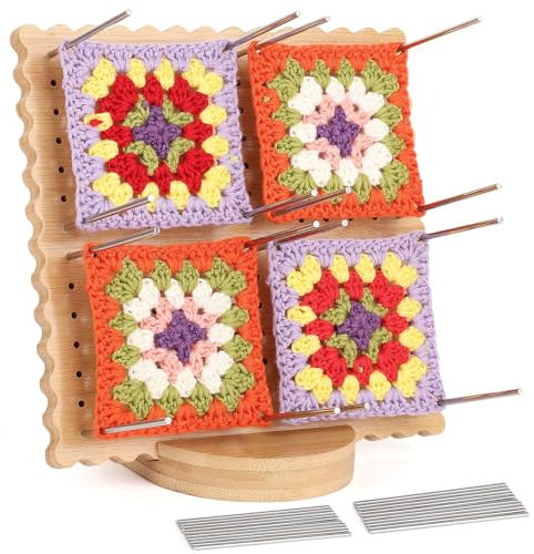 Coopay Granny Square Spanner, 20 x 20 cm Blocking Board mit Sockel, Wooden Sperrbrett Häkeln für Granny Squares mit 20 Edelstahl Stabstiften, Bambus Granny Square Sperrbrett zum Häkeln & Stricken