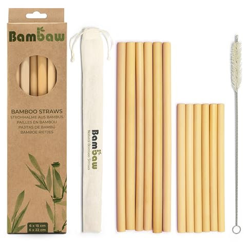 Bambaw 12 Pailles en Bambou (6 x 15cm & 6 x 22cm), Pailles Écologiques, Biodégradables et Réutilisables, Inclus une Brosse de Nettoyage et une Petite Pochette de Rangement Pour Paille Individuelle