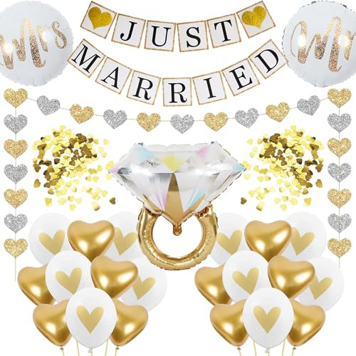 Just Married luftballons Hochzeitsdeko Set - 37 Stück Romantische Deko MR und MRS Diamant Folienballon, Herz Girlande Banner Rosenblätter Gold Weiß Ballons für Hochzeit Hochzeitstag Heiratsantrag