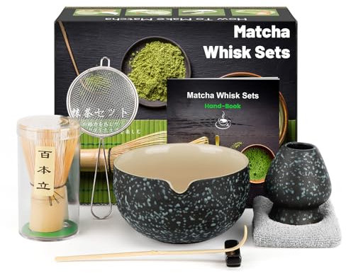 Kit de Ceremonia Japonesa del Matcha de 7 piezas, Batidora de Matcha de Bambú, Cuenco de Matcha, Cuchara, Colador, Portacucharas, Soporte para la Batidora, Juego Completo de Matcha