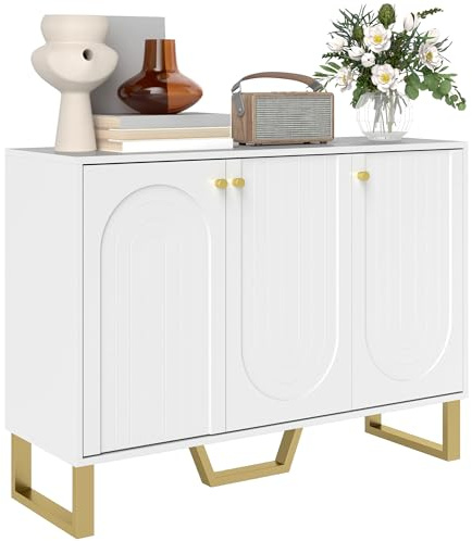 HOMCOM Aparador 3 Puertas Aparador para Salón Moderno con Estantes Ajustables y Patas Doradas para Comedor Entrada Mueble para TV hasta 50 Pulgadas Blanco 106,5x35x77,5 cm