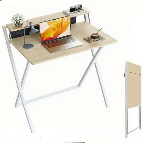 DOMSHOCT Small Folding Computer Desk with Storage Bag & Monitor Shelf, 80 * 40cm Home Office Foldable Table, Portable Writing Study Workstation, Light Brown