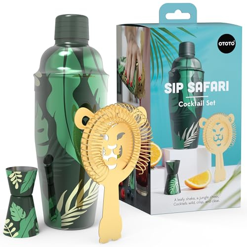 OTOTO 3-delad Sip Safari Jungle Cocktail Shaker Set – Professionell bartender mixologi kit med sil och omrörare, rostfritt stål barverktyg för hemmabar och cocktails