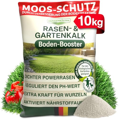 DÜNGEMEISTER Rasenkalk 10 kg – hochwertiger Rasen- & Gartenkalk zur pH-Optimierung und Bodenverbesserung – verbessert Nährstoffaufnahme, beugt Moosbildung vor, sorgt für kräftigen Rasen im Garten