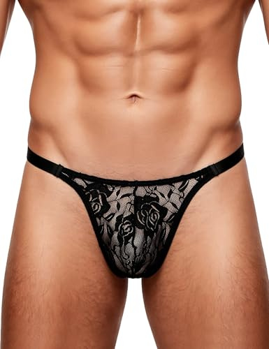 ohyeahlady Slip Homme Chic Tanga sans Couture String Dentelle Sissy Gay Mini String Taille Basse Coton Slip De Bain Borat Bikini Culotte Tenue Hot Lingerie sous Vetement M,Noir