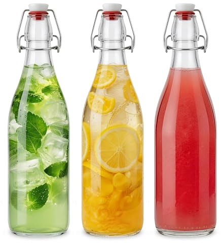 Bayseun 3 Pack Glass Swing Top Bottles 750ml - Airtight Home Brewing Bottles, Leak Proof Clear Glass Storage with Stainless Steel Cap for Kombucha Beer Oil Vinegar