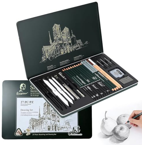 HORREX 27 stycken kolpennor för ritning set i metallfodral för skissa | Ritpennor professionellt set med skisspennor, kol, konsttillbehör och mer, blyertspennor set för nybörjare och konstnärer